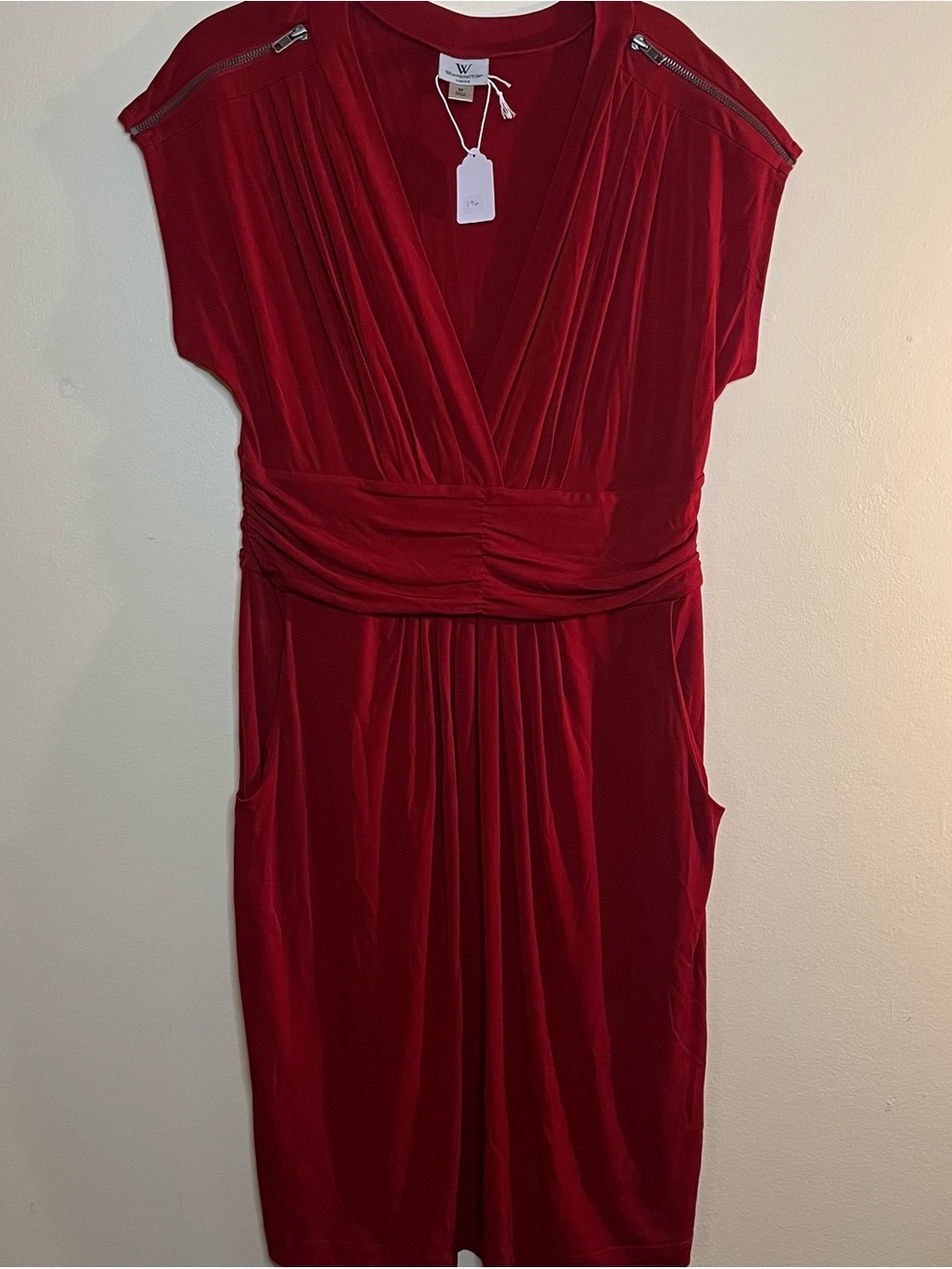 Worthington Red V-Neck Ruched Midi Dress with Zipper Accents